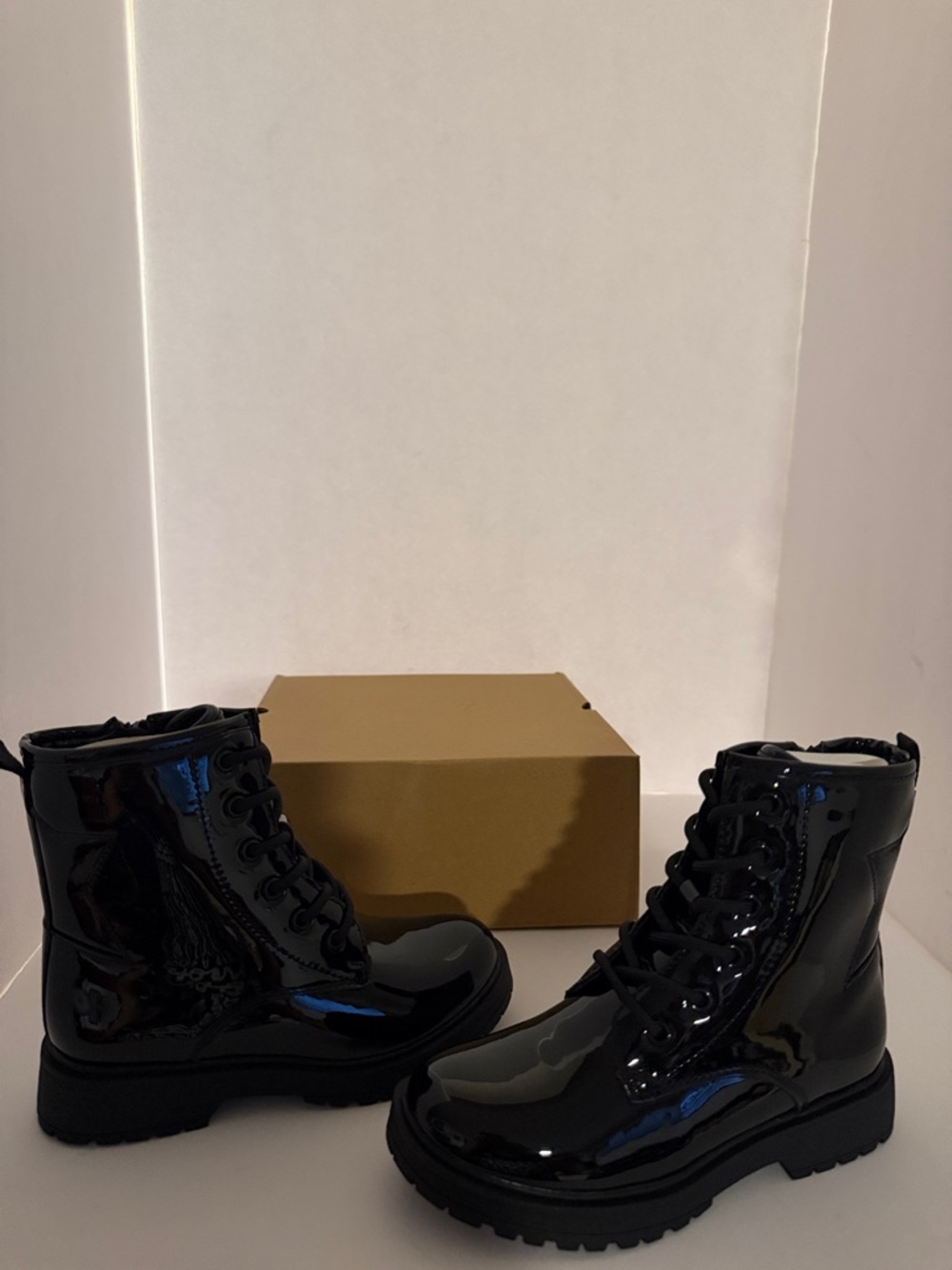 Kids Black Patent Combat Boots Lace Up Zipper Size 13 EUC